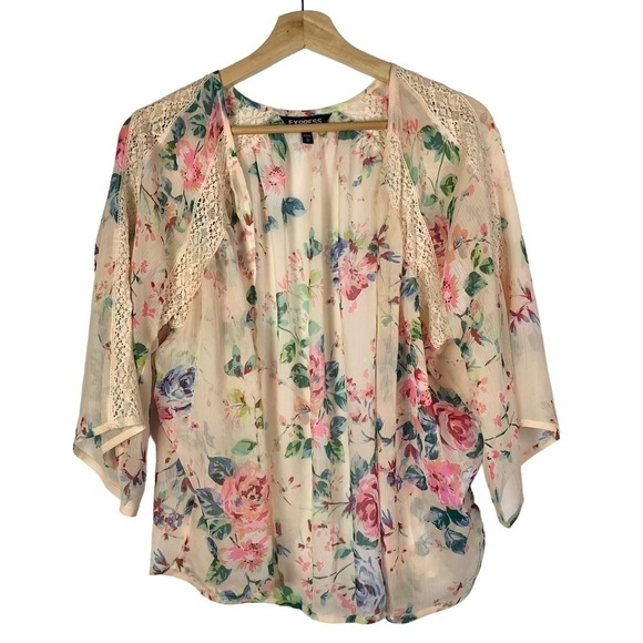 Express Cream & Pink Floral Short Sleeve Kimono XS - Picture 1 of 3